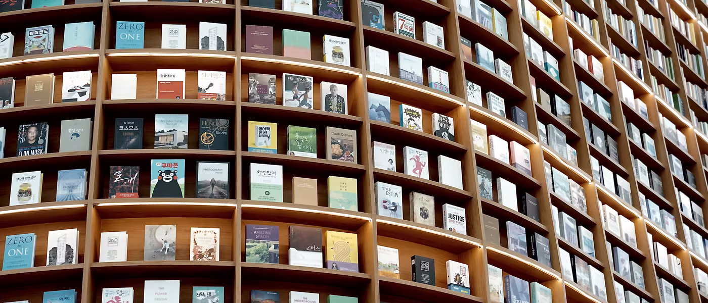Sunlit wooden bookshelves filled with books